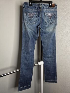 Express Women's Blue Denim Jeans with Embellished Back Pockets